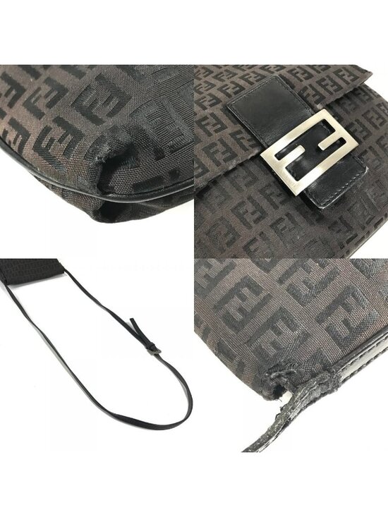 Fendi Shoulder Bag Zucchino Logo Leather Canvas Black
